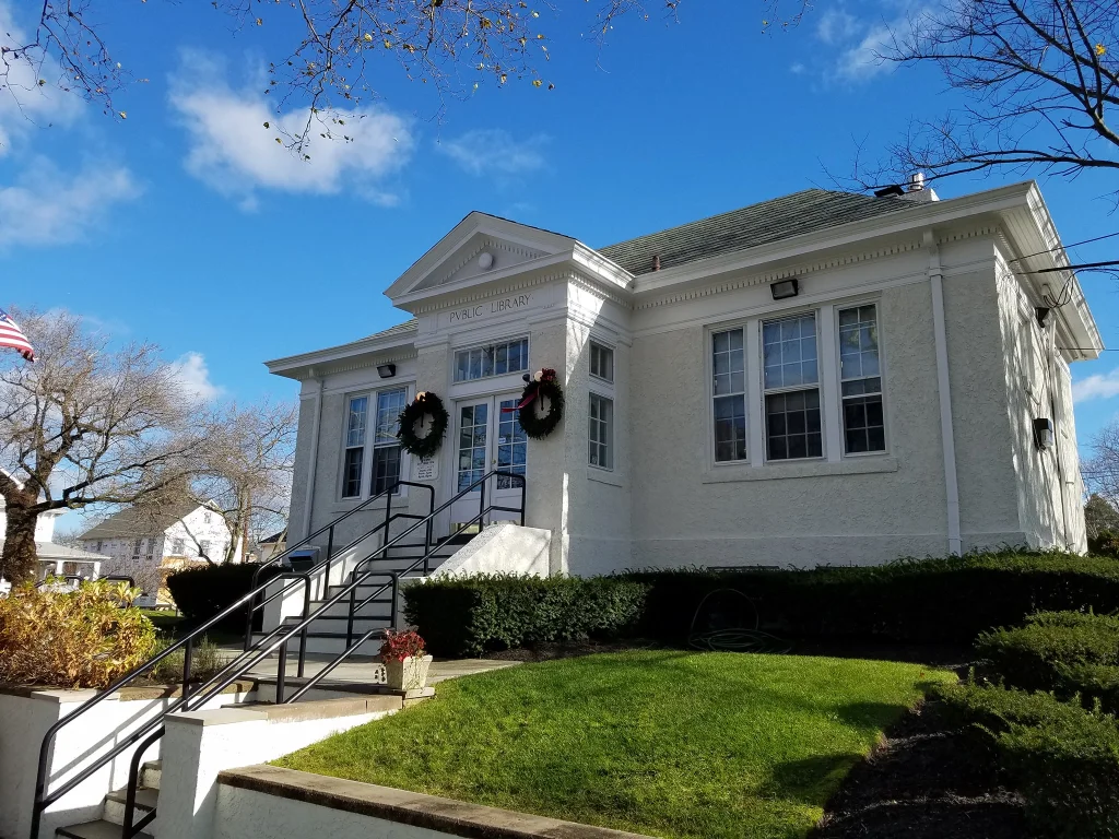 Avon Library - The library with wreathes on both sides of the door