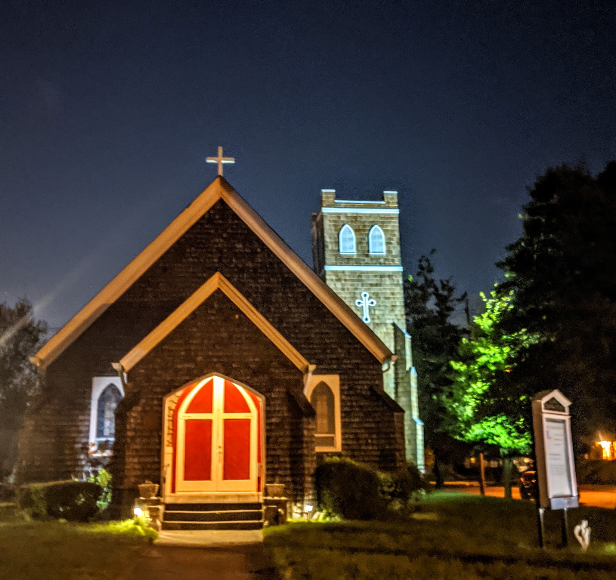 St. John’s Episcopal Church at night lit up